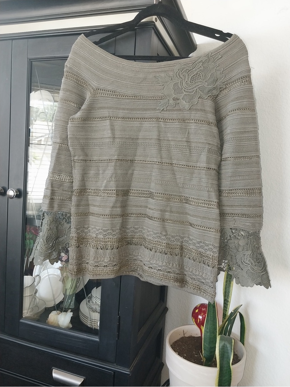 INC International Concepts Sage Green Off-Shoulder Lace Trim Sweater